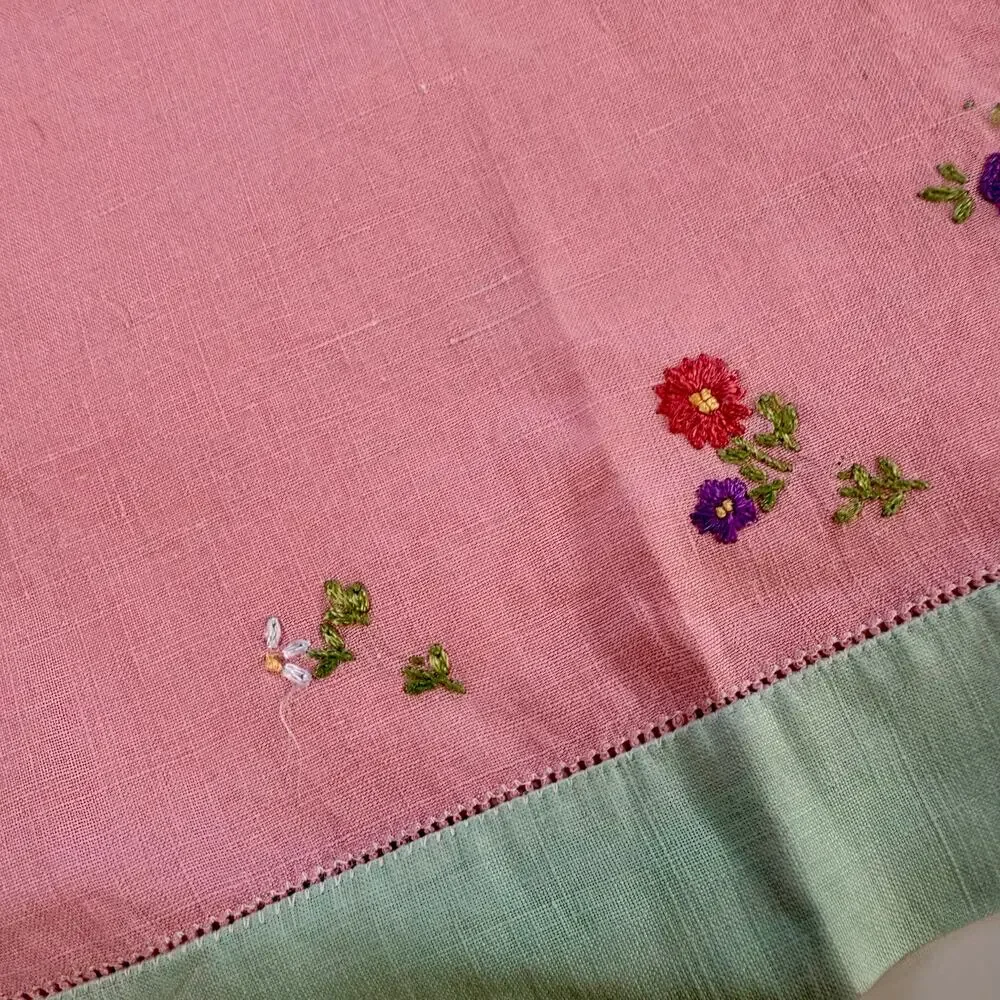 3/$20 VTG Linen Handmade Pink & Green Floral Embroidery Tea Towel READ